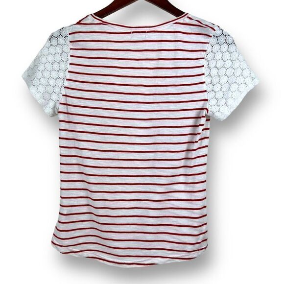 Hinge Red and White Stripe T-shirt with Lace Short Sleeves Size S - Picture 2 of 9
